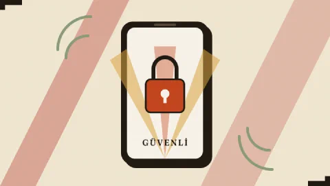 Asyabahis mobil güvenliğini temsil eden, ekranında kırmızı asma kilit bulunan art deco telefon illüstrasyonu